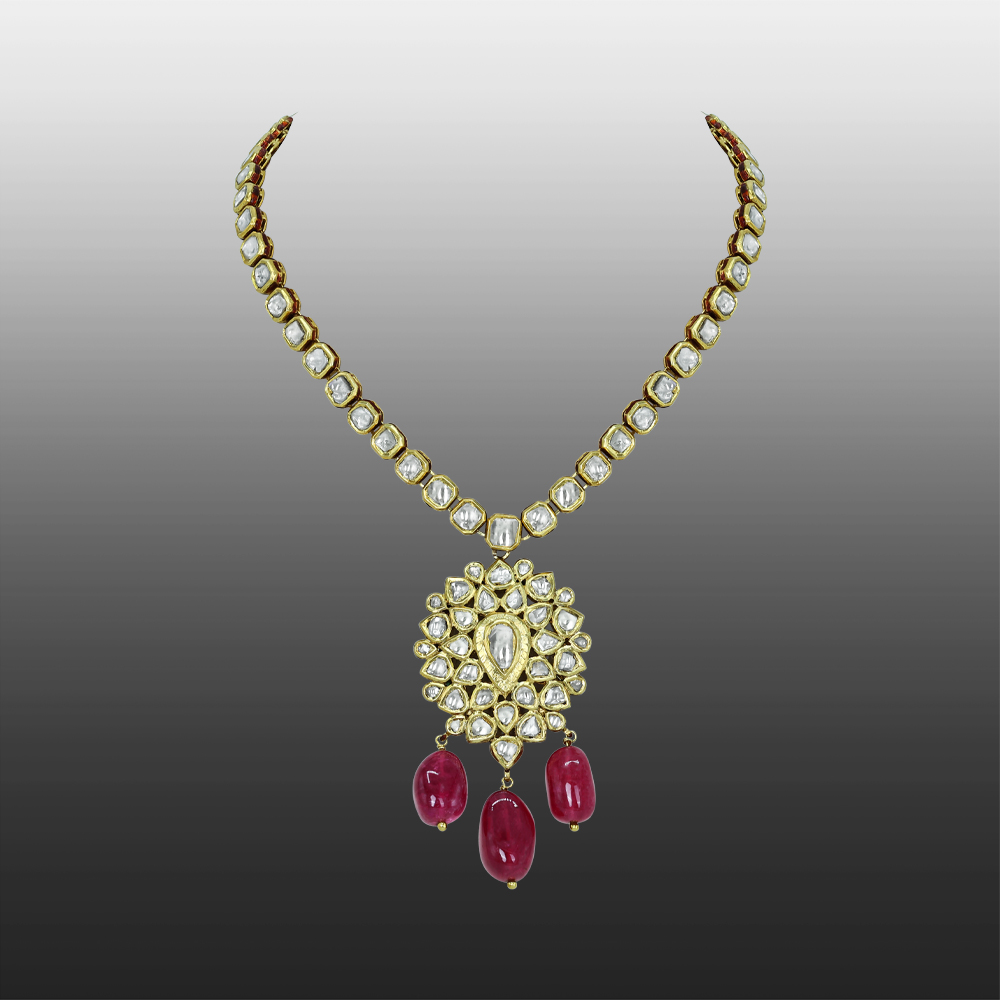 Polki Diamond Necklace with Floral Pendant and Tourmaline Drops
